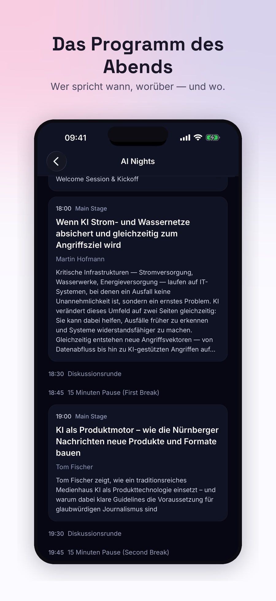 Das Programm des Abends mit Zeiten und Speakern
