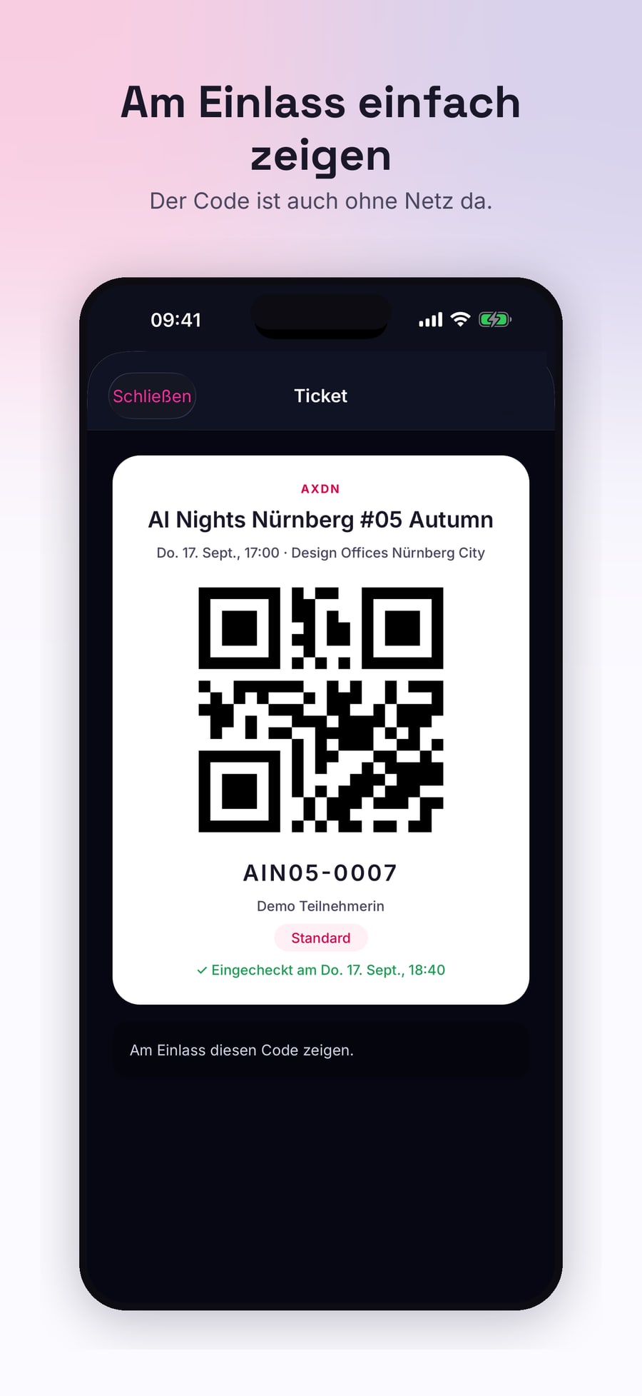 Das Ticket mit Einlass-Code