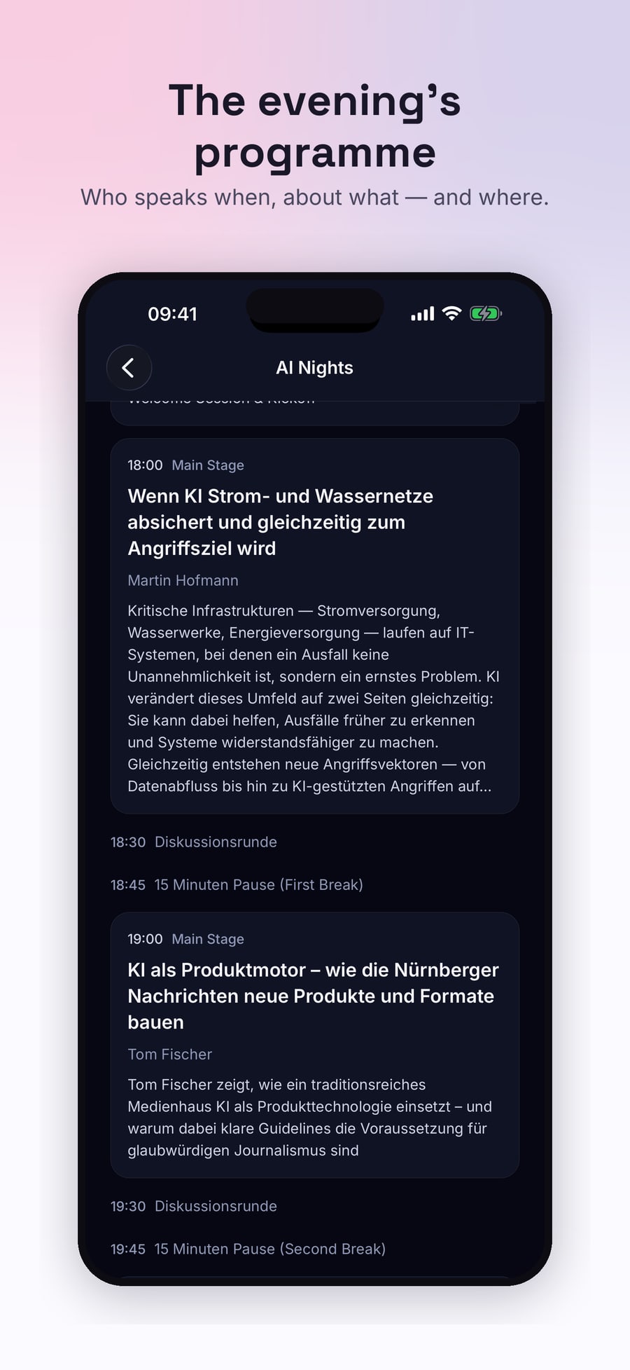 The night’s programme with times and speakers