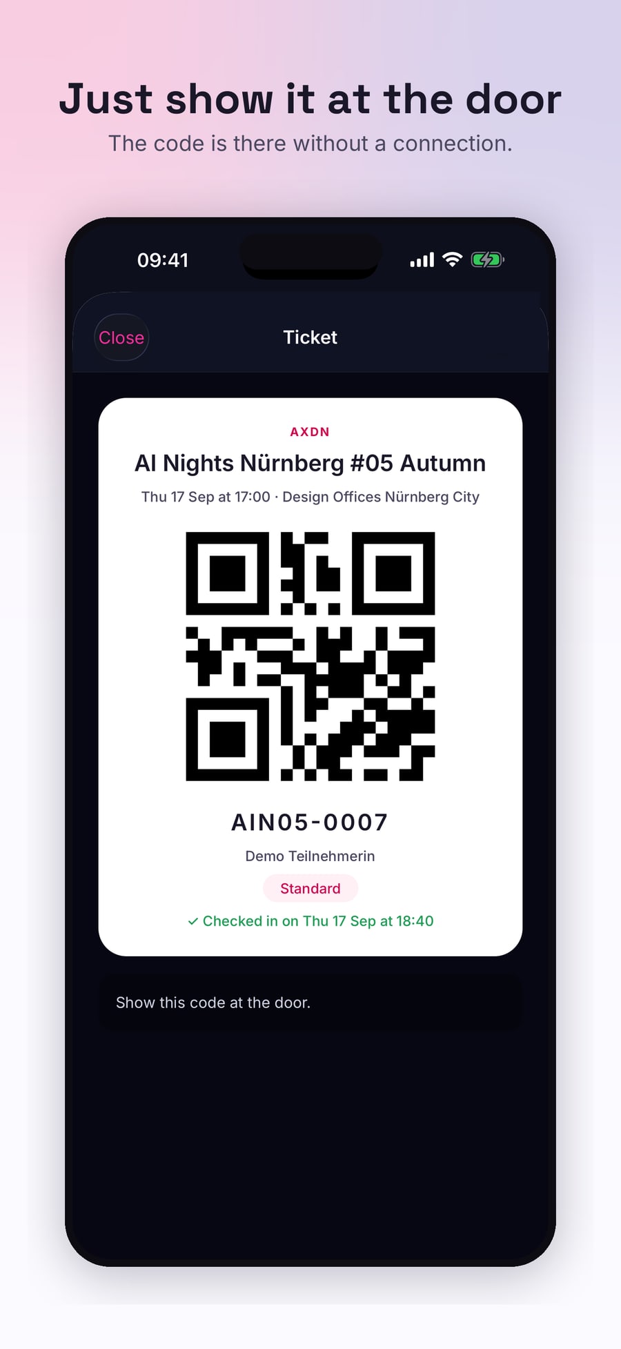 The ticket with entry code
