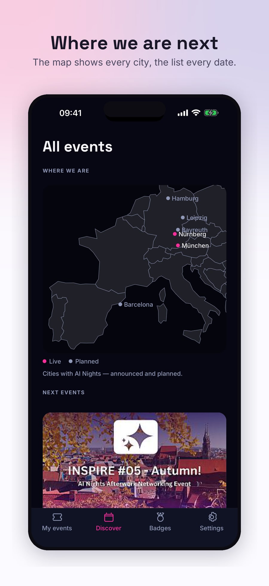 Discover: map with all cities and next dates