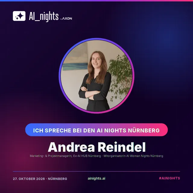 Announcement graphic for Andrea Reindel: round portrait in the AI Nights design with logo, name and role “Marketing- & Projektmanagerin, Ex-AI HUB Nürnberg · Mitorganisatorin AI Woman Nights Nürnberg”