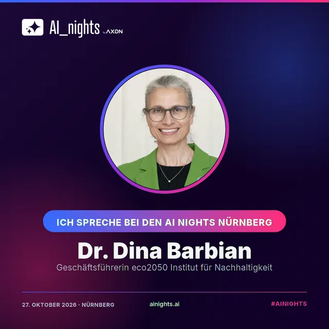 Announcement graphic for Dr. Dina Barbian: round portrait in the AI Nights design with logo, name and role “Geschäftsführerin eco2050 Institut für Nachhaltigkeit”