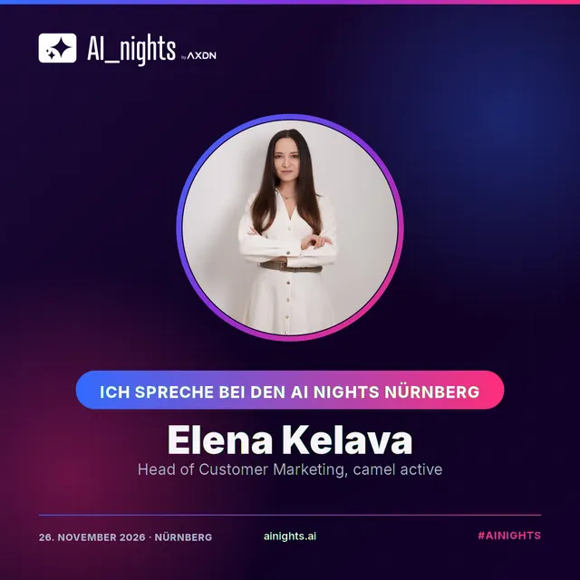 Announcement graphic for Elena Kelava: round portrait in the AI Nights design with logo, name and role “Head of Customer Marketing, camel active”