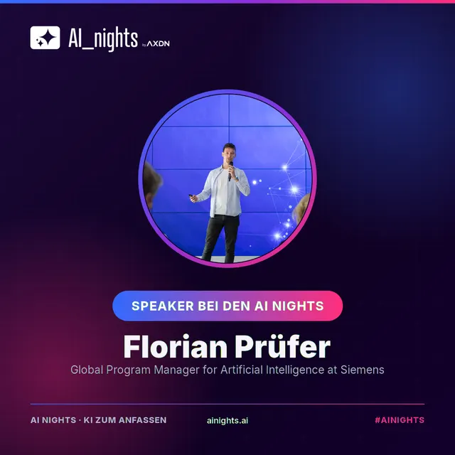 Announcement graphic for Florian Prüfer: round portrait in the AI Nights design with logo, name and role “Global Program Manager for Artificial Intelligence at Siemens”