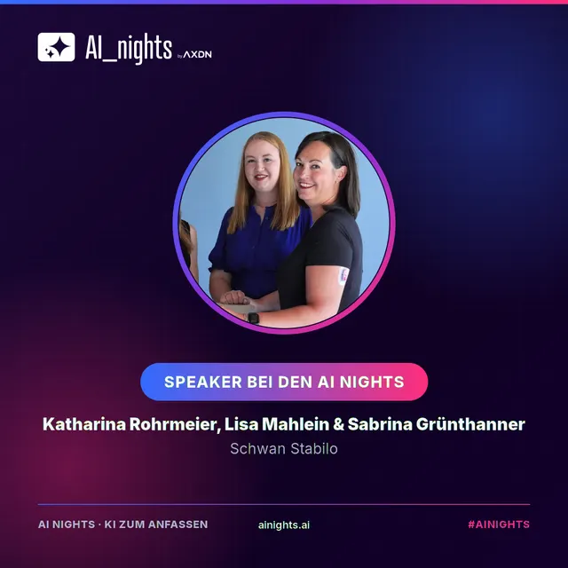 Announcement graphic for Katharina Rohrmeier, Lisa Mahlein & Sabrina Grünthanner: round portrait in the AI Nights design with logo, name and role “Schwan Stabilo”