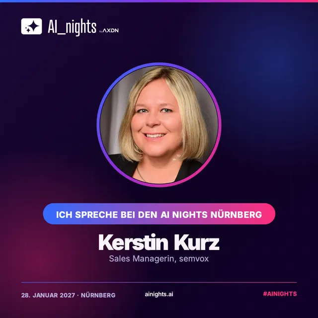 Announcement graphic for Kerstin Kurz: round portrait in the AI Nights design with logo, name and role “Sales Managerin, semvox”