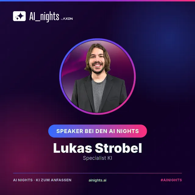 Announcement graphic for Lukas Strobel: round portrait in the AI Nights design with logo, name and role “Specialist KI”