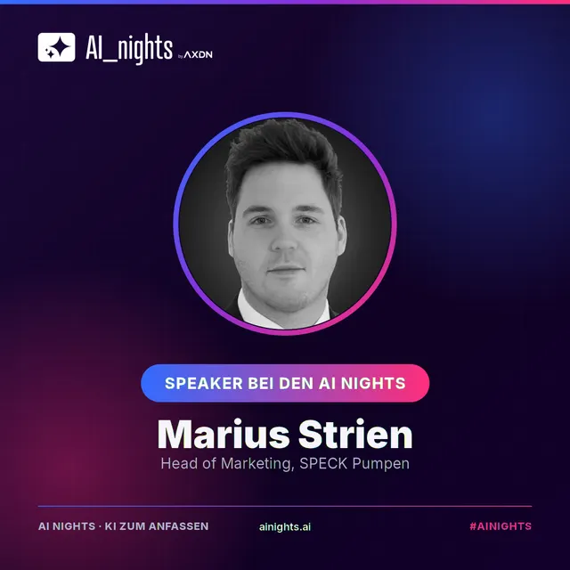 Announcement graphic for Marius Strien: round portrait in the AI Nights design with logo, name and role “Head of Marketing, SPECK Pumpen”