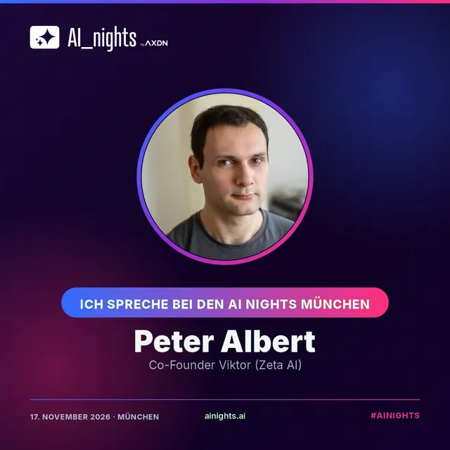 Announcement graphic for Peter Albert: round portrait in the AI Nights design with logo, name and role “Co-Founder Viktor (Zeta AI)”