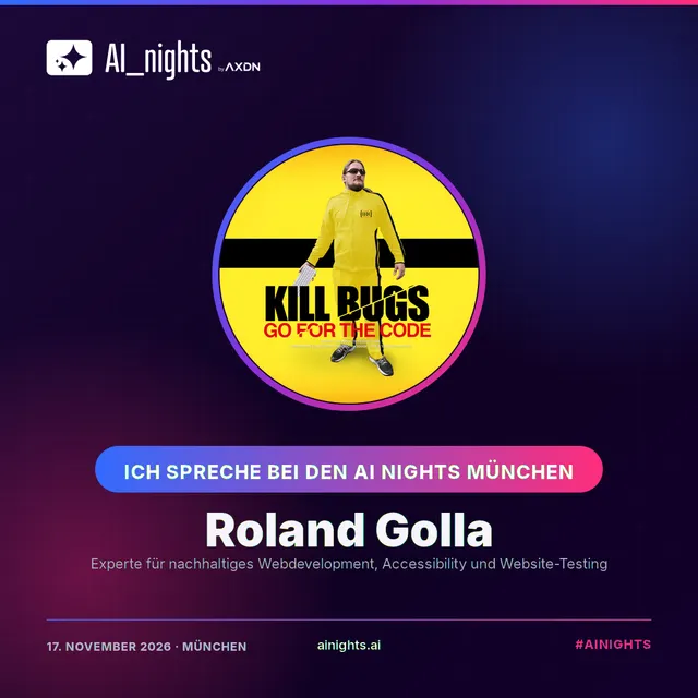 Announcement graphic for Roland Golla: round portrait in the AI Nights design with logo, name and role “AI Engineer & YouTuber, Never Code Alone”