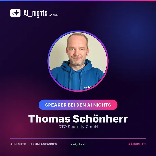 Announcement graphic for Thomas Schönherr: round portrait in the AI Nights design with logo, name and role “CTO Seobility GmbH”