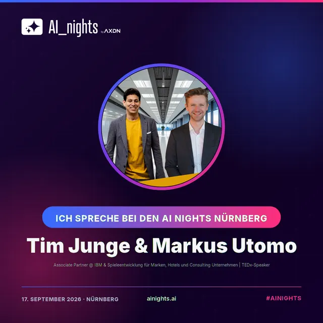 Announcement graphic for Tim Junge & Markus Utomo: round portrait in the AI Nights design with logo, name and role “Associate Partner @ IBM & Spieleentwicklung für Marken, Hotels und Consulting Unternehmen | TEDx-Speaker”
